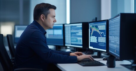 Cybersecurity expert in a dark office, analyzing threats on multiple screens.