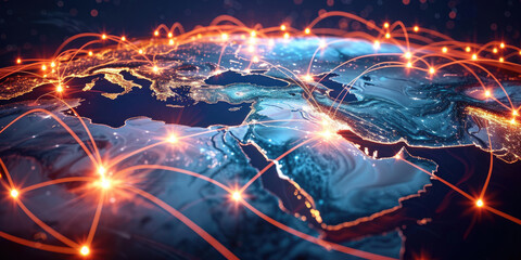 Blue abstract digital map of Saudi Arabia with lines and dots. Suitable for travel, navigation, cartography, geography, cyber technology concepts, data transfer and business information network