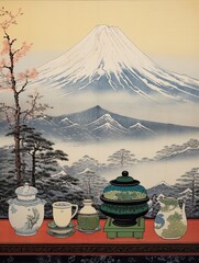Traditional Tea Ceremony Art: Snow-Capped Mountain Print and Winter Tea Ceremonies