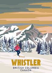 Travel poster Whistler Ski resort vintage. Canada, British Columbia winter landscape travel card