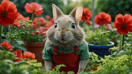 Adorable rabbit in a gardener's vest, surrounded by blooming flowers, embodying the whimsy of a floral-filled wonderland.