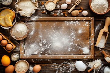 Fototapeta na wymiar Most common baking ingredients and equipment on a half frame shape with a very useful copy space on a pastry board on wooden background.
