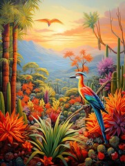 Vibrant Tropical Birds: Desert-Adapted Species in a Stunning Desert Landscape Art
