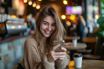 Smiling young woman sitting in cafe, having a cup of coffee and text messaging on smartphone. 