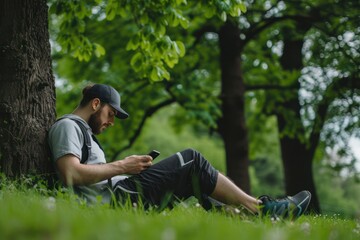 Naklejka na ściany i meble Sportsman using his smart phone while resting in the park.