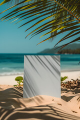 Blank white empty paper board frame billboard sign on the beach at summer for ad advertising with copy space for text, travel vacation business announcement promotion concept