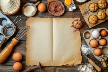 Top view of a blank cookbook surrounded by muffins, ingredients and utensils to cook like flour, eggs, butter, chocolate chips, sugar, muffin tin