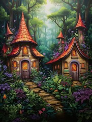 Fototapeta premium Whimsical Fairytale Cottages: Enchanting Forest Wall Art