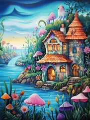 Fotobehang Whimsical Fairytale Cottages Seascape Art Print: Enchanting Fairy Tale Homes Nestled by the Tranquil Sea © Michael