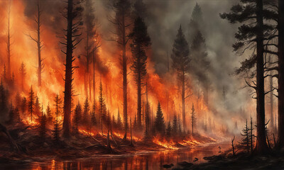 Forest fire with burning trees and smoke