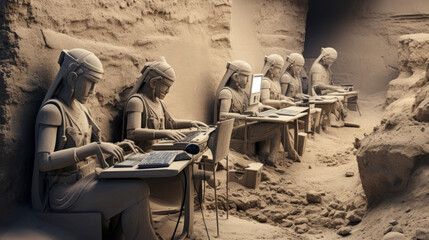 ancient sand statues typing on keyboards - obrazy, fototapety, plakaty
