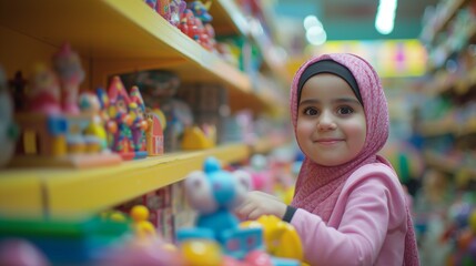 Fototapeta na wymiar A cheerful portrait of a young girl with a joyous smile, wearing a pink headscarf in a toy store filled with colorful wonders, capturing the heart of childhood delight.