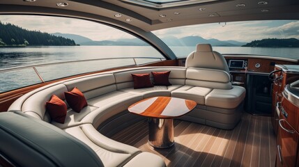 A minimalistic luxury yacht interior with polished wood and leather accents.