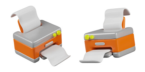 Orange printer in different positions. Printing on paper concept