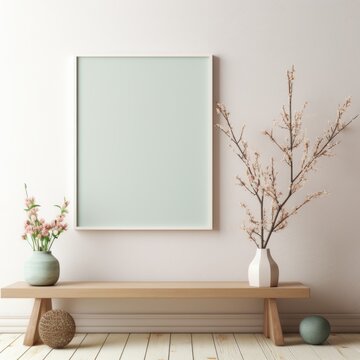 A tranquil Easter scene with a clean wooden frame and soft, muted pastel colors.