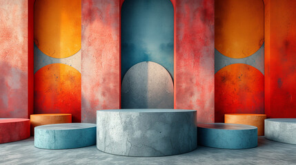 Vibrant Abstract Concrete Wall Art: Modern Geometric Display