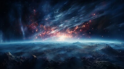 Obraz na płótnie Canvas A serene cosmic landscape with a solitary, distant supernova illuminating the dark expanse.