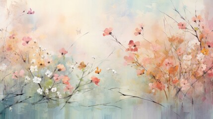 An abstract interpretation of springtime with layers of soft colors and textures.