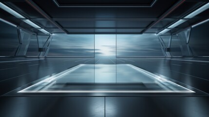 Obraz premium An elegant empty catwalk with a gleaming glass floor and a modern, metallic backdrop.
