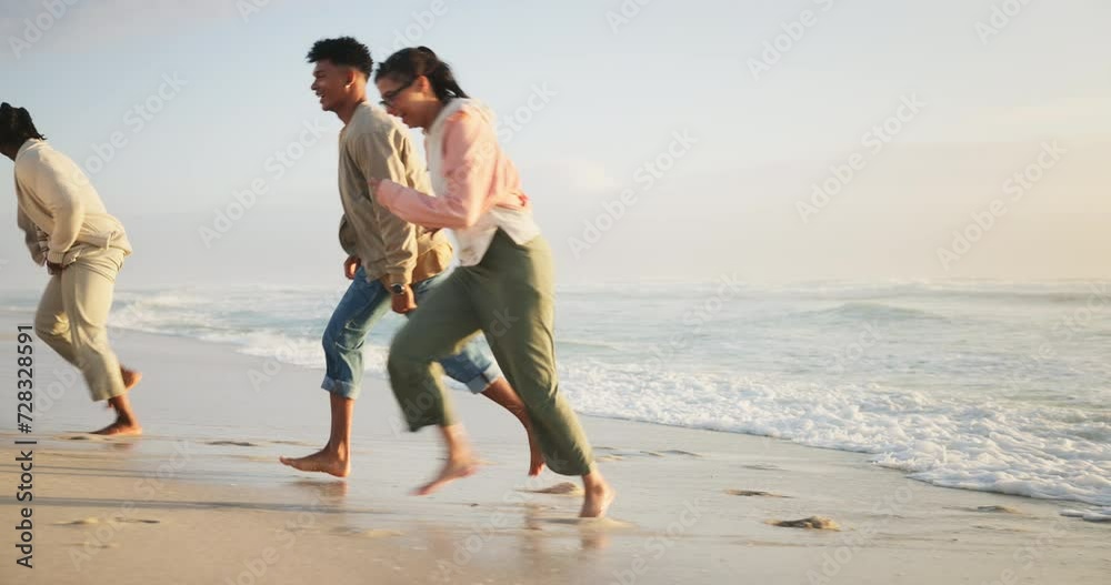 Poster friends, beach and running together in water, bonding and diversity on outdoor adventure. happy peop