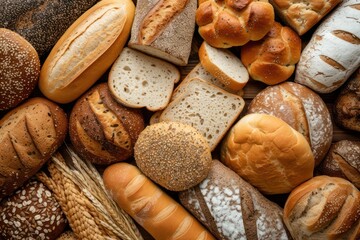 Top view of various kinds of breads like brunch bread, rolls, wheat bread, rye bread, sliced bread, wholemeal toast, spelt bread and kamut bread. 