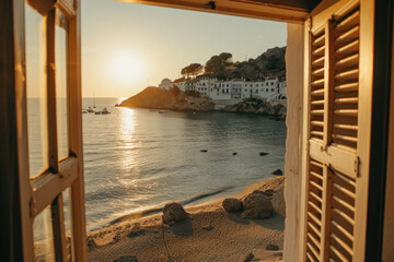 View through an open window with shutters, to see a sandy beach, rocky coastline, lovely small town and beautiful golden sky with sunsetting...