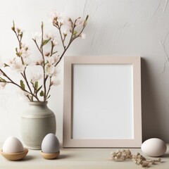 Fototapeta na wymiar A tranquil Easter scene with a clean wooden frame and soft, muted pastel colors.