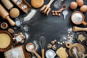 Top view of various pastry utensils such as a rolling pin, measure cups, hand whisk and serving scoop, and baking mold disposed all around the image on black background.  - Powered by Adobe