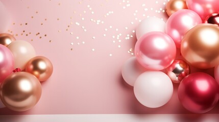 abstract minimalist background with pink and gold balloons.