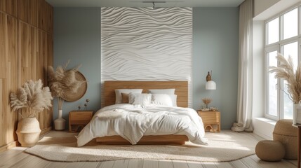 Fototapeta na wymiar A stylish bedroom with a gypsum headboard wall, its textured surface resembling rippling water.