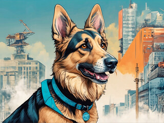 A German Shepherd exudes urban coolness, embodying a perfect blend of strength and elegance against a city backdrop.