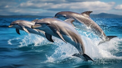 A playful pod of dolphins, leaping and frolicking in the sparkling blue sea.