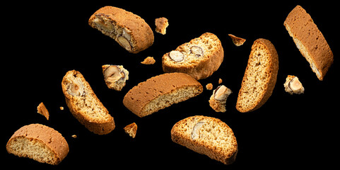 Cantuccini biscuits, Italian almond cookies on black background