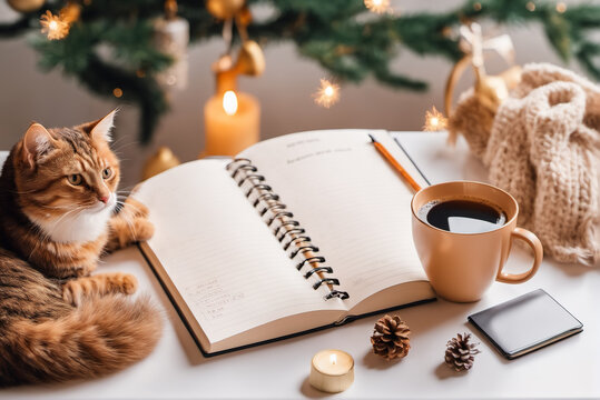 An office desk with coffee and kitten and a 2024 New Year notebook