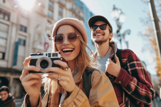 Two university students taking photo with camera, instant camera and mobile phone. They are a young couple, or just friends, exploring city.