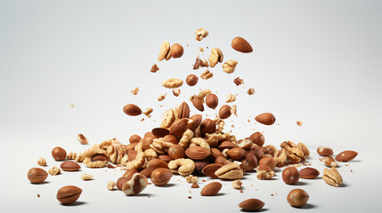 Side view of scattered nuts standing on the table - obrazy, fototapety, plakaty