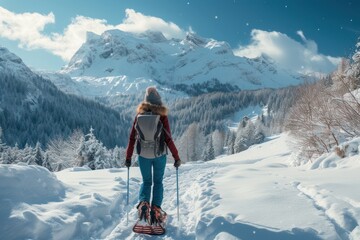 Fototapeta na wymiar Young woman snowshoeing in the mountain. 