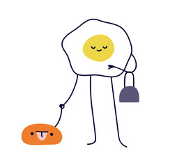 Cute funny fashion character with pet. Comic coll fried egg, modern stylish trendy yolk fashionista. Surreal fiction humor. Kids flat graphic vector illustration isolated on white background