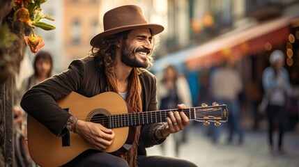 A street musician serenading passersby with a melodic tune, adding charm to the city. - obrazy, fototapety, plakaty