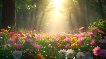 Obraz premium Landscape of Spring Blooms in Enchanted Forest: Diverse and Flowing Elegance (3F)