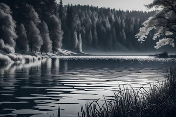 Immerse yourself in the peaceful vibes of a Sunday night by the lake with a retro minimalist monochromatic scene.