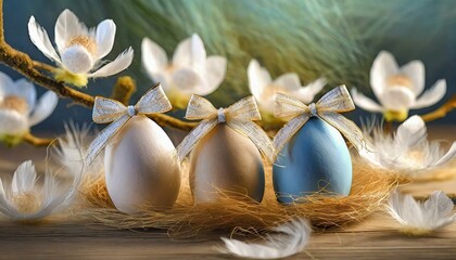 Easter, natural background with Easter eggs, feathers and blooming magnolia branches