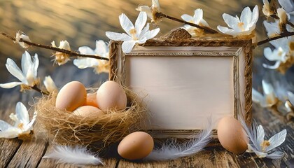 Easter natural background with eggs, blooming magnolia branches and frame with space for text - obrazy, fototapety, plakaty