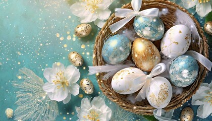 Wielkanocne, niebieskie tło z pisakami w koszyku i wiatami