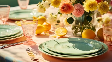 A vibrant spring celebration scene featuring a floral tablecloth and colorful tableware.