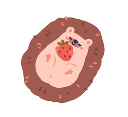 Cute funny hedgehog lying with berry. Happy smiling forest animal relaxing with food, strawberry. Adorable kawaii character resting belly up. Flat vector illustration isolated on white background