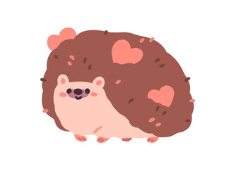 Cute hedgehog carrying hearts, love valentines in spikes. Happy funny adorable forest animal. Comic kawaii spiky character. Kids childish flat vector illustration isolated on white background