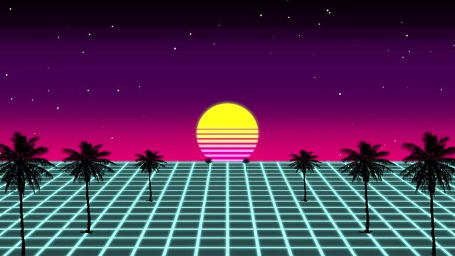 A vibrant, retro-style computer graphic featuring palm trees and a sunset backdrop. Perfect for websites or social media posts in need of a nostalgic touch