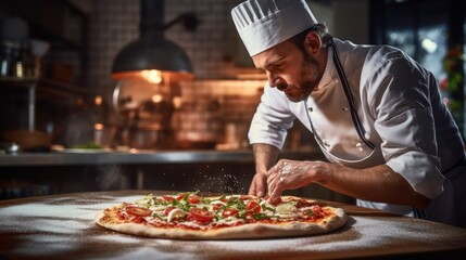 A male chef prepares homemade pizza in a pizzeria, removing it from the fire on a wooden table. Italian food, cafe and restaurant cuisine concepts.