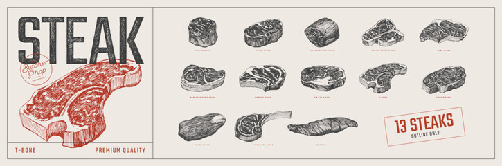 Big set of slices meat steaks. Cowboy, Mignon, T-bone, Chateaubriand, Rump, New York Strip, Sirloin, Tomahawk and T-bone. Hand-drawn vector illustrations. Design element for packaging, label, menu. - obrazy, fototapety, plakaty